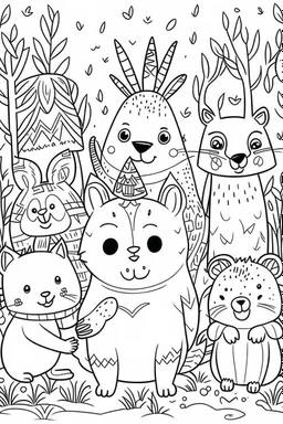 HAPPY NEW YEAR coloring page for kids, Animal friends sharing New Year wishes, thick outline, low details, no shading, no color