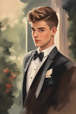 male teen going to prom oil painting retro cartoon style portrait