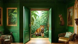 Imagine a rococo-style room in green tones with the walls decorated with paintings of jungle plant and animal motifs, through a half-open door you can see the jungle, and through a window through which a halo of light enters, a panther peeks out.