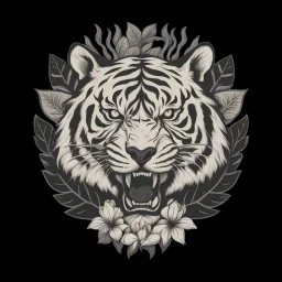 The picture is a black and white image of a tiger's head. The tiger has its mouth open and is showing its teeth. There are some leaves and a flower around the tiger's head. The image is on a white background.. Vintage T Shirt Design And Vector Illustration.Vector t shirt design on a white background