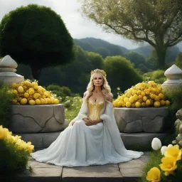 [high res photo by Neil Gaiman] Kristin Chenoweth as ostara in American gods (2017) the goddess of Easter peacefully sits on a stone in her garden, surrounded by gold flowers coming from Nicolas de Staël's dreams