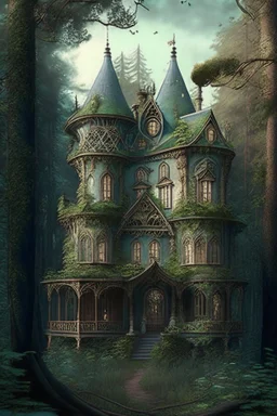 victorian fantasy house surrounded by forest