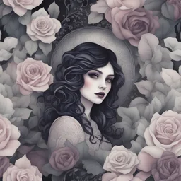 A Whispers of Darkness, inspired by Mirka Andolfo and Anna Dittmann::0.9, a mysterious scene featuring an emo woman amidst garden shadows, holding a black rose::1, moody tones, intricate details, soft pastel highlights::0.9, fusing Andolfo's dark atmosphere with Dittmann's subtle elegance::0.8, immersive digital painting::0.9