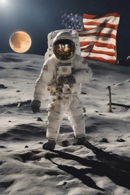 "Generate an awe-inspiring 8K realist image depicting an astronaut triumphantly planting a Bitcoin flag on the lunar surface. The cosmic backdrop should be a chaotic yet mesmerizing scene, replacing traditional stars with various cryptocurrencies. Envision shooting stars as dynamic market movements, while trading charts and pips seamlessly integrate into the background, forming a visually stunning representation of the crypto universe's conquest of the moon."