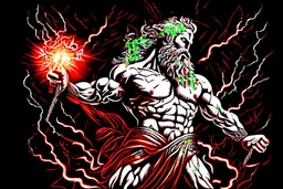 Detailed and realistic illustration of Greek god Zeus holding holding lightning. Black, white, red and gold colors. Engraving style illustration.