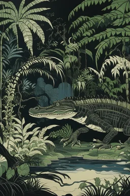 A black mysterious jungle with crocodiles painted by Katsushika Hokusai