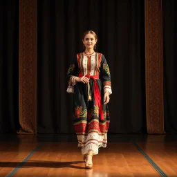 A full-body shot of a beautiful lady wearing azeri folk costum walking on a nice stage and looking at the camera