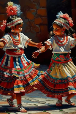 2 maxican childeren dancing traditional clothes painting neoclassism in a traditional