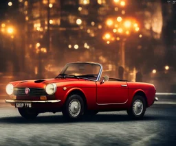 fiat 125p, city. high speed. bokeh. lens flare. warm lights. high detailed. oil on canvas