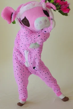 Portrait of A cute cow dressed in a onezy pajama outfit. The onezy has pink polka dots on and is thick and cozy. She has a flower in her hair. 3d