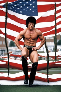 20-year-old, extremely muscular, short, curly, buzz-cut, military-style haircut, pitch black hair, Paul Stanley/Elvis Presley/Keanu Reeves/Pierce Brosnan/Jon Bernthal/Sean Bean/Dolph Lundgren/Patrick Swayze/ hybrid, as the extremely muscular Superhero "SUPERSONIC" in an original patriotic red, white and blue, "Supersonic" suit with an America Flag Cape,