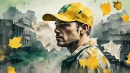 background old, cracks, yellow, torn canvas, gouache, double exposure, man, baseball cap, 40 years old, fine drawing, blots, newspaper scraps, leaves, green, autumn, rain, city, branches, 8K, double exposure