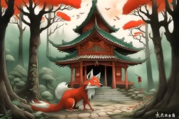 yokai, kitsune, japanese kimone, temple, forest