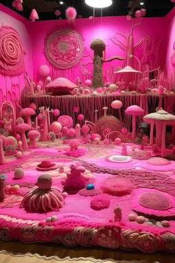 A pink magical realm filled with fairies designed in Navajo yarn