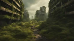 post-apocalyptic urban landscape with overgrown nature