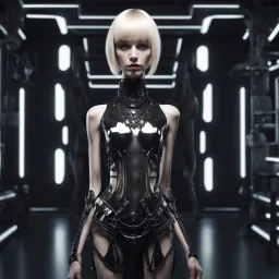 beautiful caucasian half cyborg woman, black metal body and limbs, chrome details, anorexic figure, blond bob haircut