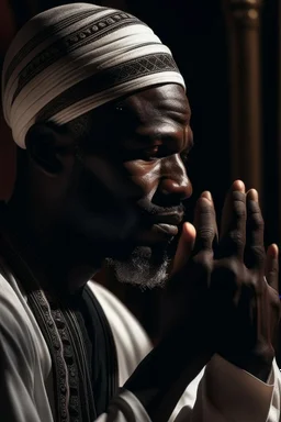 A picture of a dark-skinned man giving the Islamic call to prayer to people