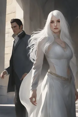 Woman with white hair wearing a white dress, walking down a sunlit stone hall, AND a handsome man in the background lurking in the shadows with long black hair