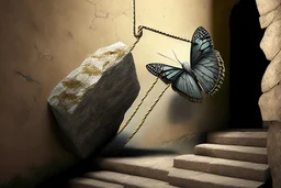 a butterfly trying to pull up a big stone on a staircase with a rope