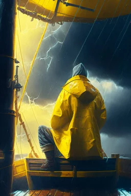 portrait of dead seafarer sitting in yellow raincoat on deck of enormous living wooden ship, storm clouds, lightening, volumetric light,depth of field, fantasy art, 4k, highly detailed, sunbeam