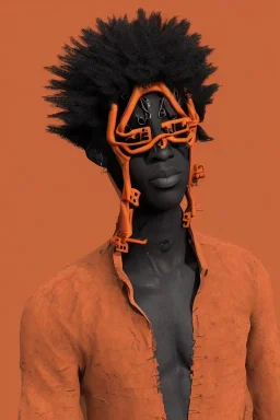 3D render of a cyberpunk tribal young black man, black afro hair, ragged shirt, on a orange dune background, digital art