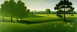 A green grassland near a clearing painted by Henri Rousseau