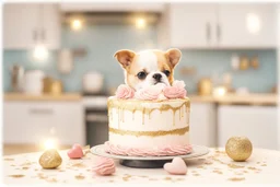 birthday cake, chibi dog in a beautiful kitchen, heart and love in the sunshine, watercolor and black ink outlines, sparkling golden glitter, ethereal, cinematic postprocessing, bokeh, dof