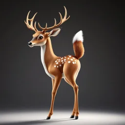 full body of a bald white tail deer with antlers, sultry, seductive, standing with big smile, looking back, and big eyes looking back , tail upward, on flat background, in the style of 'My Little Pony' and Bambi, fantastic lighting