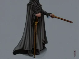 Tall Wizard, dark broody, long staff in hand, grey cloak, photorealistic