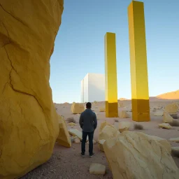 Un'immagine di un paesaggio naturale simile al deserto del Taklamakan, con rocce gialle pastello, imponenti, accanto a strutture artificiali verticali gialle. Persona osserva. Queste strutture sembrano blocchi rettangolari riflettenti, come colonne di vetro o specchio, che creano un contrasto tra il naturale e l'artificiale. Edificio brutalista si erge solitario. Bianco con venature e solchi. La scena trasmette un senso di dialogo tra elementi organici. Dettagli delle rocce molto accentuat