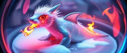 The image depicts a fantastical shark squirrel snow soup, specifically a transparent with neon plasma aura, with a unique and whimsical appearance. The seal dragon spitting flames is positioned in a circular frame, which suggests it might be inside a container or a vessel. The body is elongated and has a segmented appearance, with a detailed texture that gives it a realistic look. Its head is covered with white, spiky hair, adding to its fantastical charm. From the weird dragon lab.