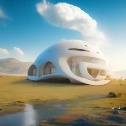 House on the hills, futuristic, minimalist architecture, concept art, 3D art, oval and round shape, finely detailed, cinematic lighting, hot weather, cream blue sky, hyper realistic, 4k