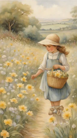 a painting of a little girl holding a basket of flowers, by Cicely Mary Barker, inspired by Cicely Mary Barker, may gibbs, by Beatrix Potter, by Celia Frances Bedford, by Rosalie Emslie, style of beatrix potter, girl in a flower field, girl in flowers, by Kate Greenaway, classic children's illustration