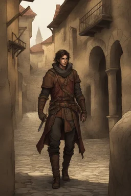 male human rogue adventurer in a medieval city