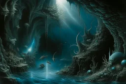 A black underwater abyss with shadow monsters painted by Albrecht Durer