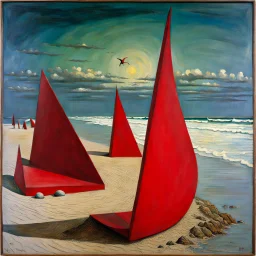 Odd red sculpture, realistic, beach, Max Ernst