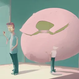 Morty staring at a giant pink donut, while Rick explains his plan to steal the recipe of the Krusty Burgers.