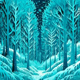 A cyan winter forest with falling snowflakes painted by MC Escher