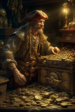 Classism painting style pirate with treasure pirates box of pennies intricate insanely , ,detailed octane render trending on artstation, 8k artistic photography, photorealistic concept art, soft natural volumetric cinematic perfect light, chiaroscuro, award-winning photograph, masterpiece, oil on canvas, Raphael, Caravaggio, Greg Rutkowski, people, beksinski, Giger