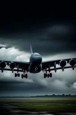 The cloudy stormy sky above is filled with a lot of black Boeing B-52 Stratofortress