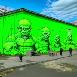 A lime green nuclear warehouse with trolls painted by Vincent van Gogh