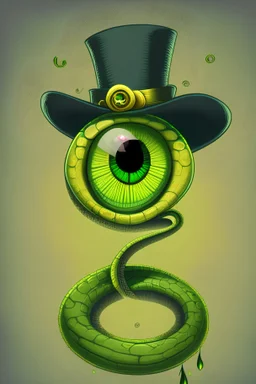 A yellow and green snake with a top hat, big cartoon style eye, one eye is replaced with a cross. Like the eye has been lost