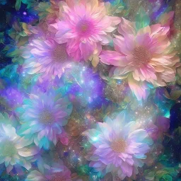 one big crystal subtle flower in a galactic ambiance with a beautiful fairy, transparent petals,