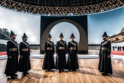 a group of men standing next to each other, female dancer, softair arena landscape, made in 2019, black pointed hat, olympics ceremony, islamic interior design, exhibition display, panorama shot, magic uniform, by Siona Shimshi, woodlands style, 2019, caravagio, general uniform, ymmetrical