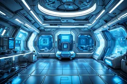 медицинский отсек в космическом корабле будущего большая комната с голубоватым освещением капсула мрт по середине фото реалистичность 4к