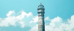 A pale light blue tower in the cloudy sky in Collage art style