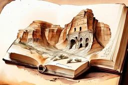 Petra Landscapes Carved Into Books S<AI watercolor and ink, sepia