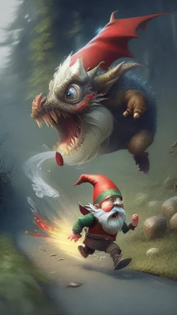 gnome running away from a dragon