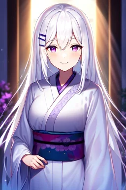 girl, masterpiece, best quality, cinematic lighting, detailed outfit, vibrant colors, perfect eyes, white hair, purple eyes, long hair, kimono, indoors, light rays, hairclip, smile,