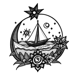 Simple Small Traditional Old School Tattoo Design featuring a Guitar, flowers, the Sun, a Compass, and a Sailboat sailing over the sea waves, simple and small, Tattoo Art. simpler, stylized, sketch, black and white. Modern, geometric, very clean. Picasso inspiration. Manly. Blackline. Smaller. Undetailed. Tiny. Cleaner. Art by unskilled beginner.